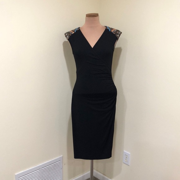 Cache Dress Size Medium Black Coral Bronze Turquoise Beaded Ruched Sheath - Picture 3 of 11